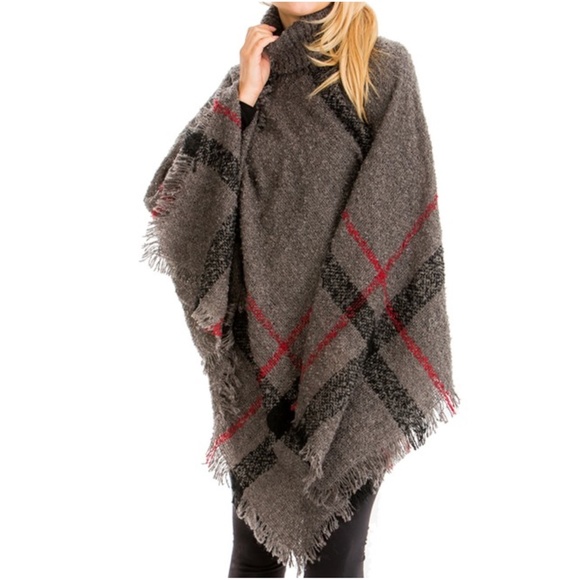 040 Cozy Turtleneck Plaid Frayed Hem Poncho - Picture 16 of 16